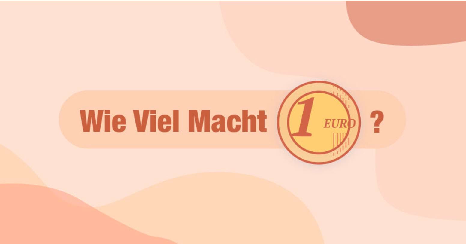 Wir sehen die Kampagnengrafik der Wie Viel Macht 1 Euro-Kampagne: Der Slogan Wie Viel Macht in dunkelrot , daneben eine 1-Euro-Münze und ein ?. Der Hintergrund ist eingefärbt mit geschwungenen Formen in beige und unterschiedlichen rosa bis dunkelroten Farbtönen.