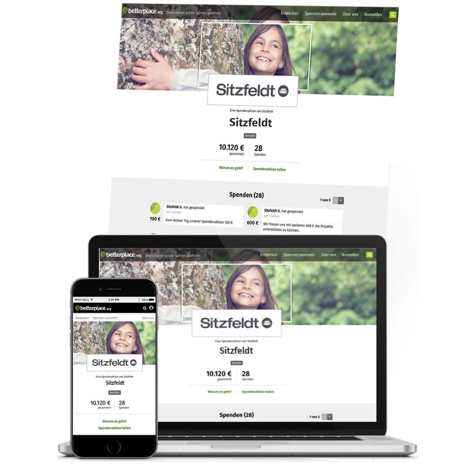 Here you can see Sitzfeldt's fundraising event page, which is shown on a laptop screen, on a smartphone in mobile view and as a longer screenshot. The page shows that 10.120 € in donation volume have been collected and 28 donations have been made.