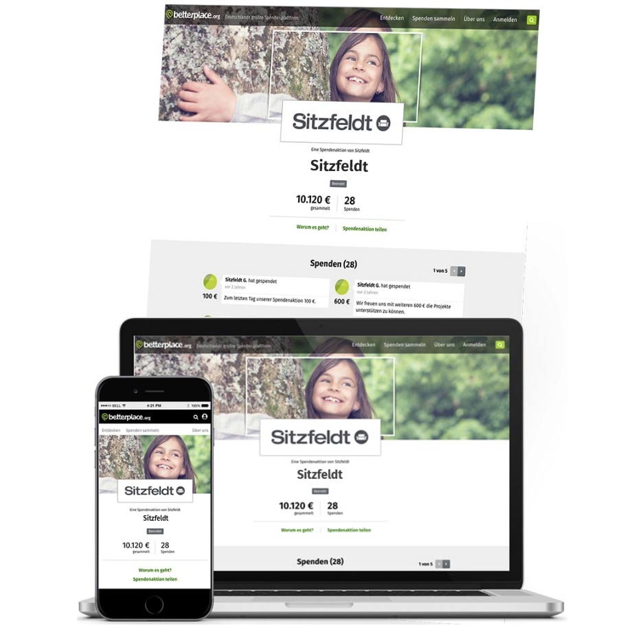 Hier ist die Spendenaktionsseite der Firma Sitzfeldt zu sehen, die auf einem Laptop-Bildschirm, auf einem Smartphone in mobiler Ansicht und als längerer Screenshot abgebildet ist. Auf der Seite ist zu sehen, dass 10.120 € an Spendenvolumenen zusammen gekommen sind und 28 Spenden getätigt wurden.
