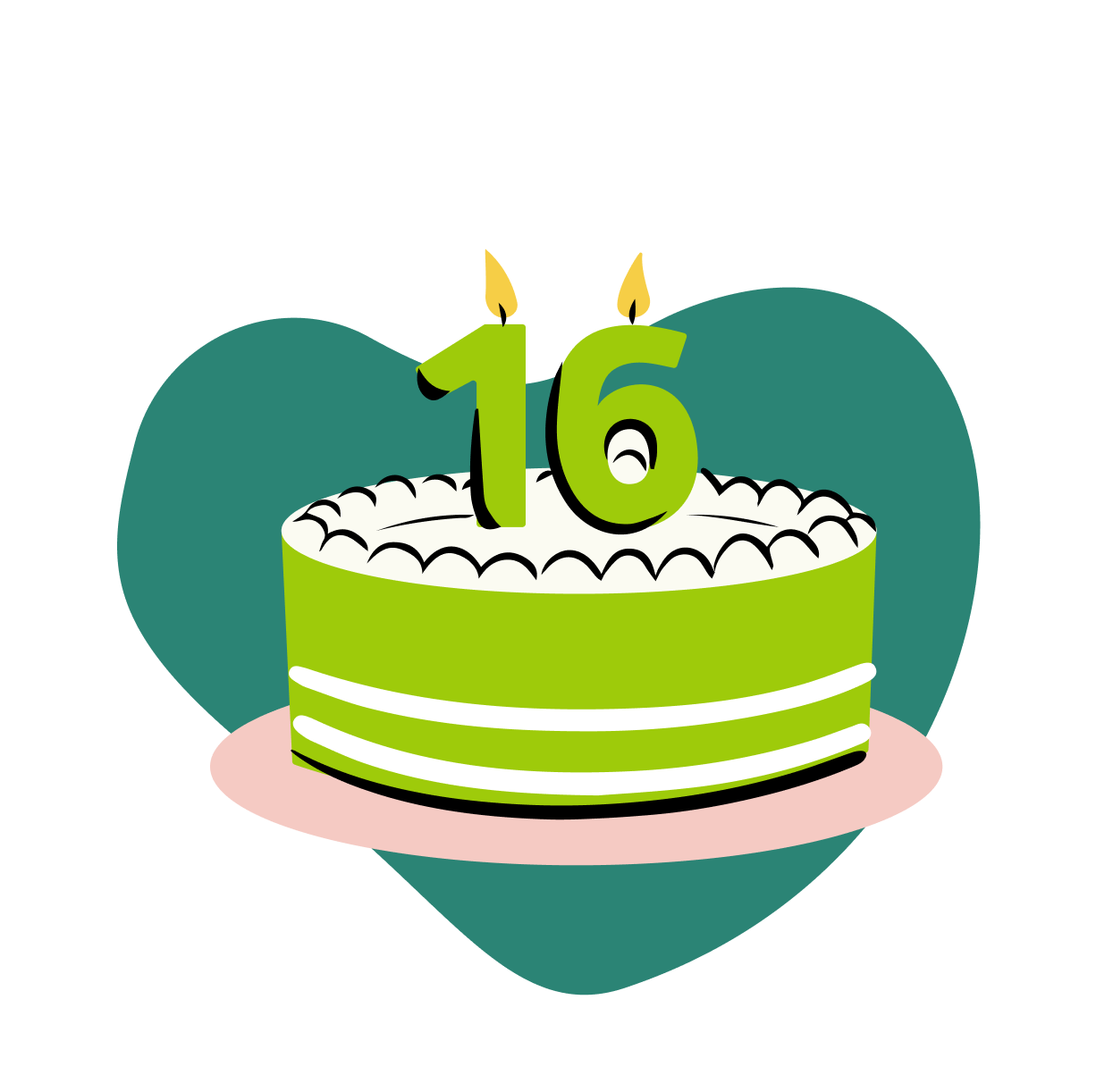 Eine Illustration von einer Geburtstagstorte, auf der die Zahl 16 in Kerzenform steht.