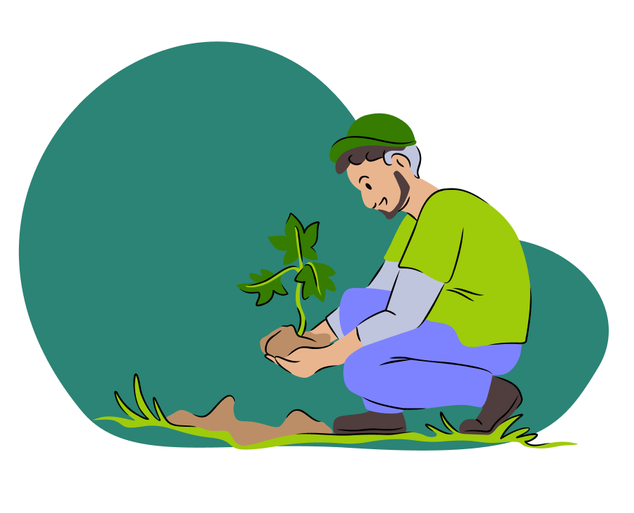 Eine Illustration von einer Person, die einen kleinen Baum in den Boden pflanzt.