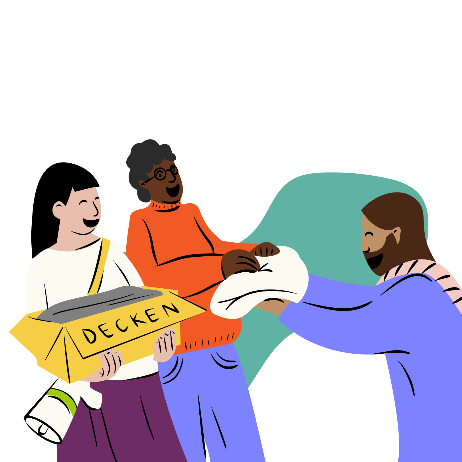 Das Bild zeigt drei lächelnde Personen, wobei zwei von ihnen eine Kiste mit der Aufschrift 'DECKEN' halten und die dritte Person eine Decke entgegennimmt.