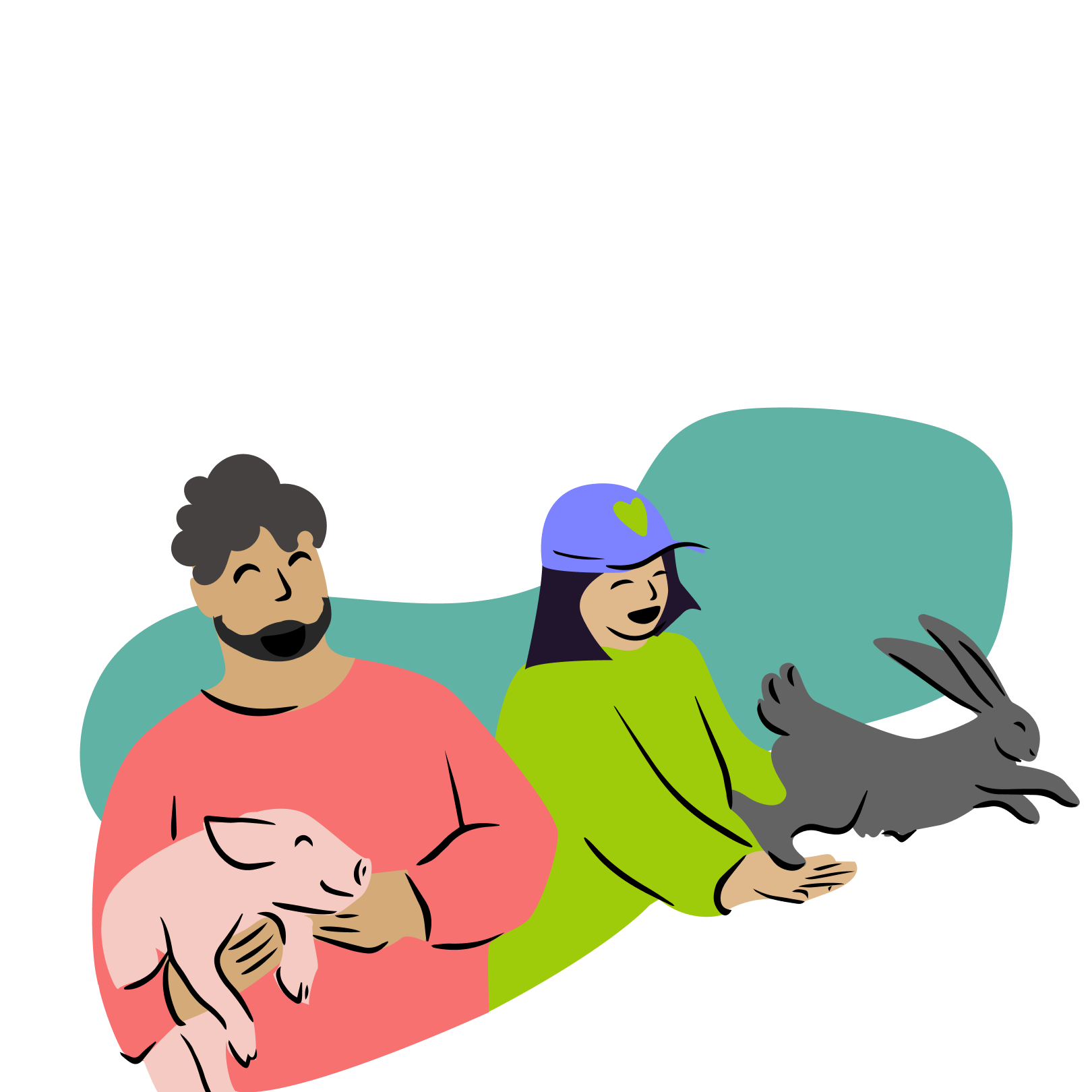 Das Bild zeigt zwei fröhliche Menschen, einen Mann und eine Frau, die jeweils ein Tier halten. Der Mann hält ein kleines, rosa Schwein in seinen Armen, während die Frau einen grauen Hasen in ihren Händen hat, der gerade dazu ansetzt, wegzuspringen. Im Hintergrund ist ein mintgrüner Klecks zu sehen, der als dekoratives Element dient. Die Szene wirkt liebevoll und freundlich.